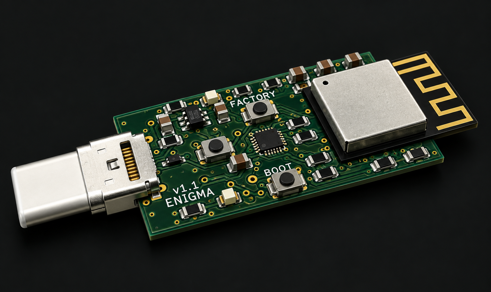 Illustration of the exposed Enigma Stick v1.1 board, showing the USB-C connector, central secure element, buttons, and shielded ESP32-C3 module.